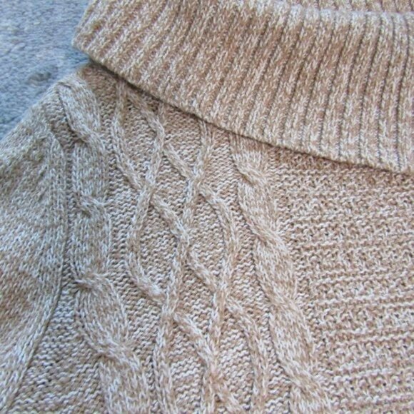 Chunky Cable Knit Heathered Beige Tan Button Fold Over Cowl Neck Sweater - Picture 5 of 9
